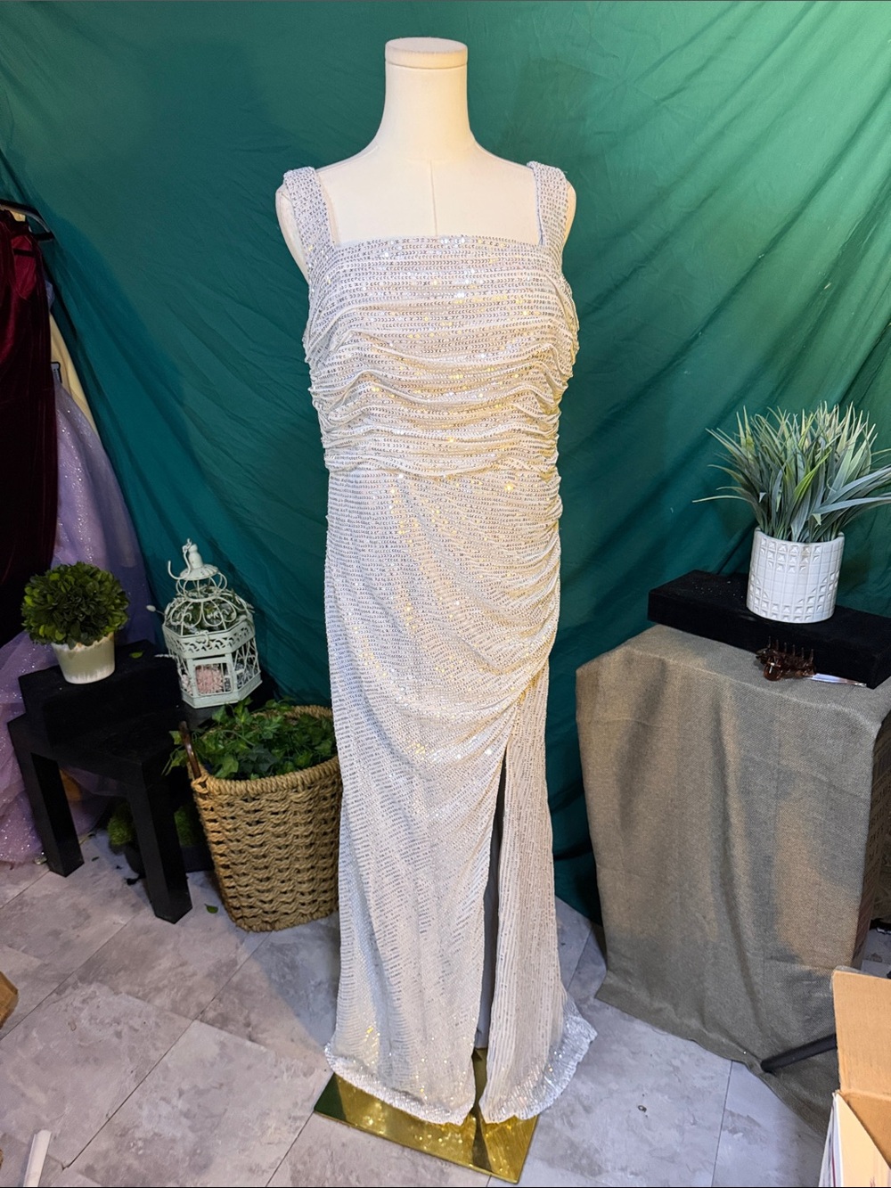 Gray Sequined Ruched Maxi Dress with Square Straps